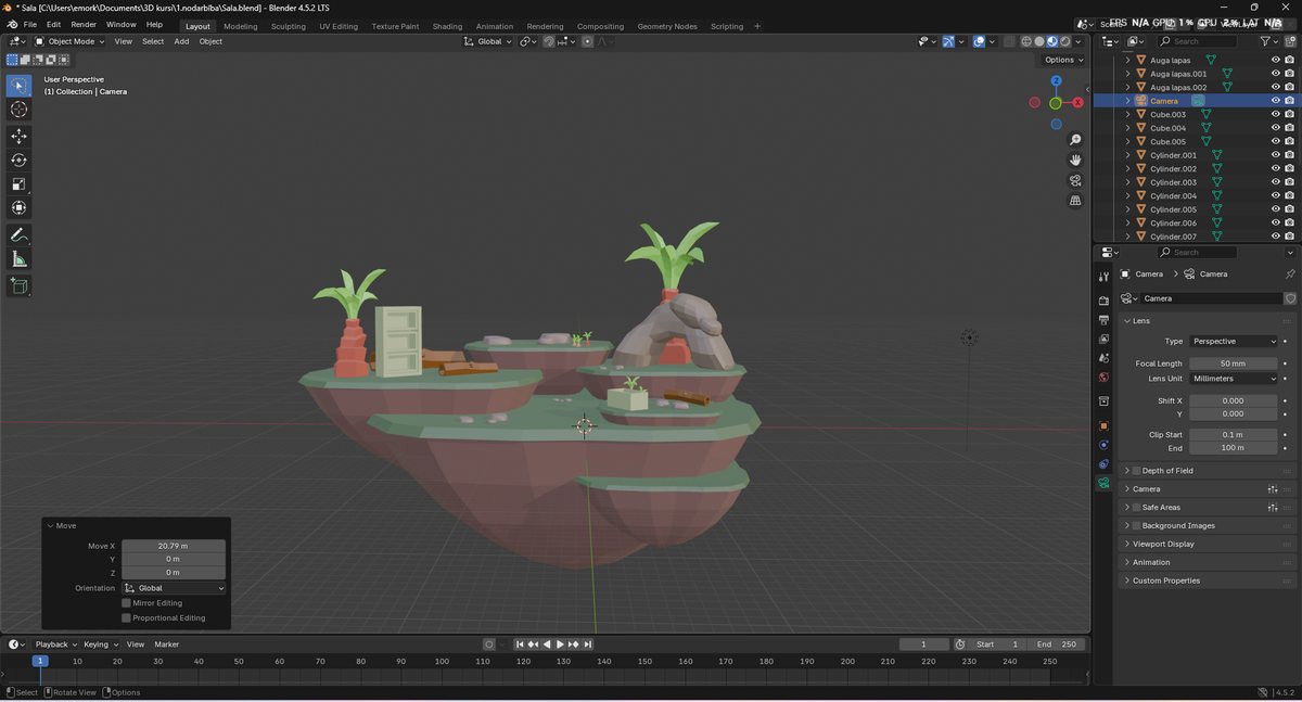 Ekrānuzņēmums no Blender programmas ar salas projektu darba gaitā