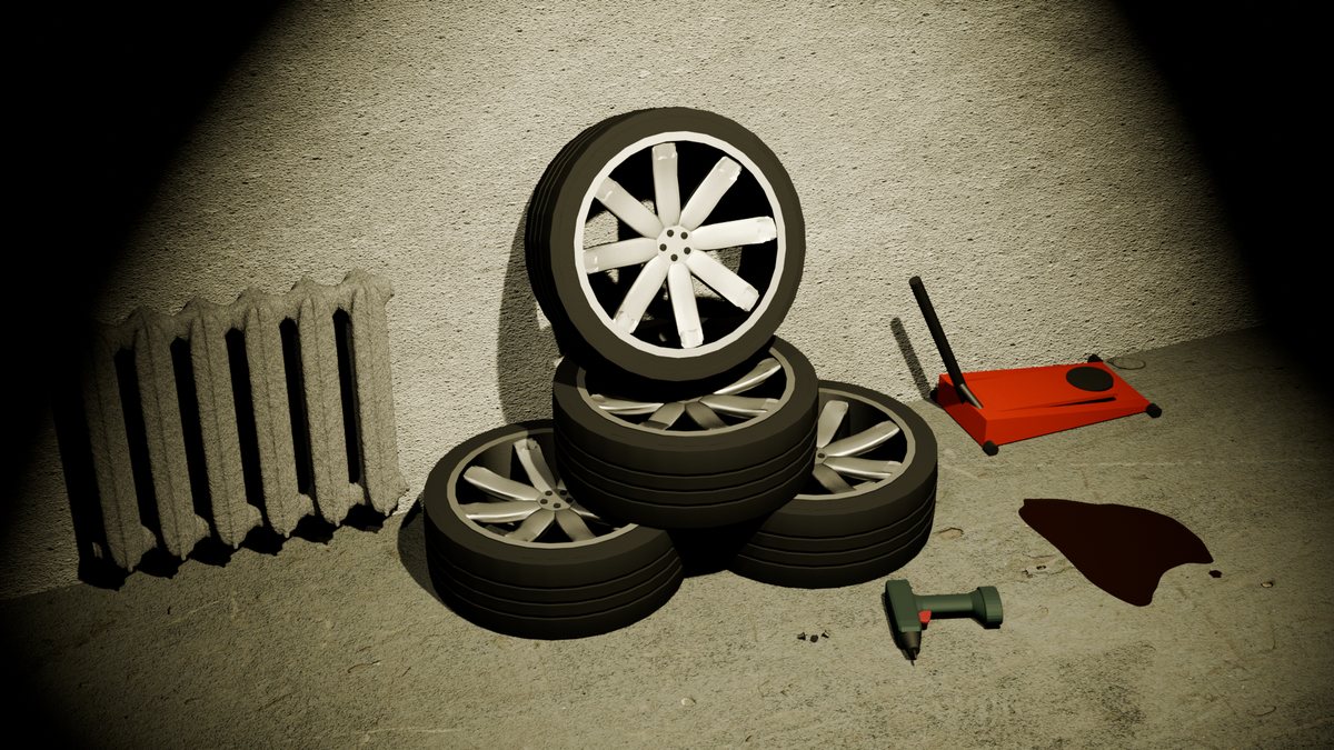 Automašīnas riteņi garāžā ar dramatisku gaismu, 3D aina Blender vidē