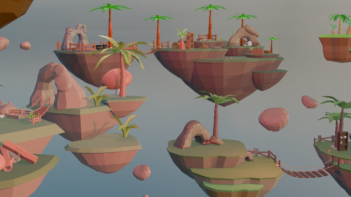 Jaunieša veidota lidojošu salu ainava ar tiltiem un palmām, modelēta Blender vidē