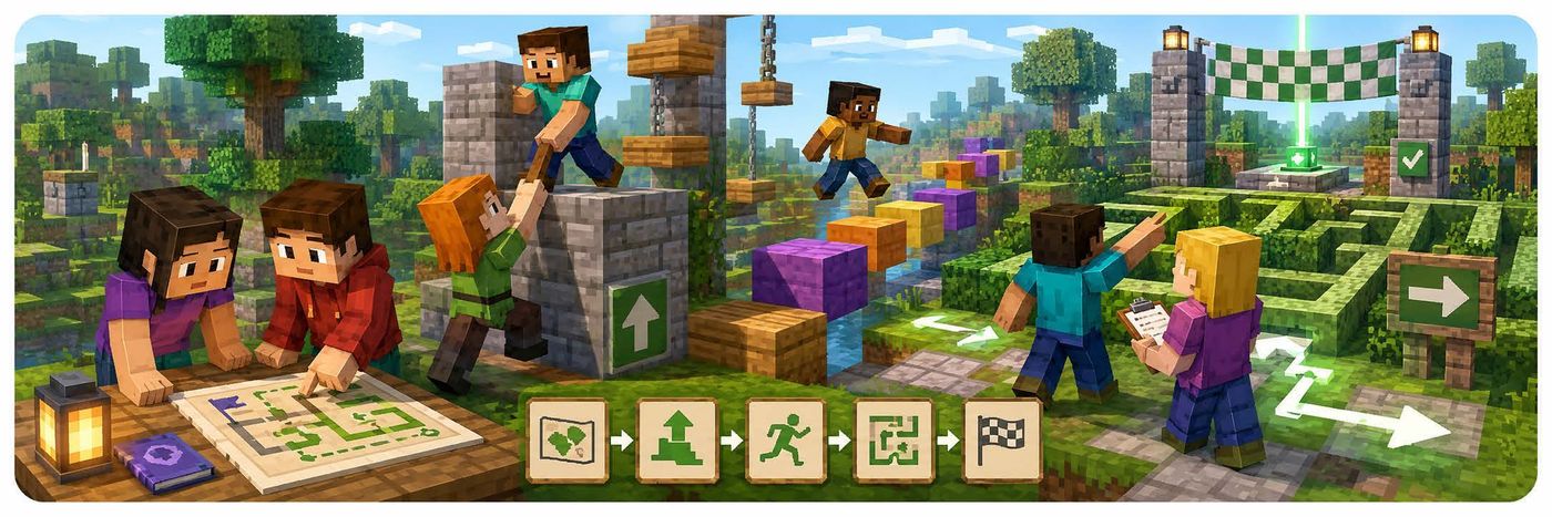 Spēles, trases un komandas darbs Minecraft pasaulē