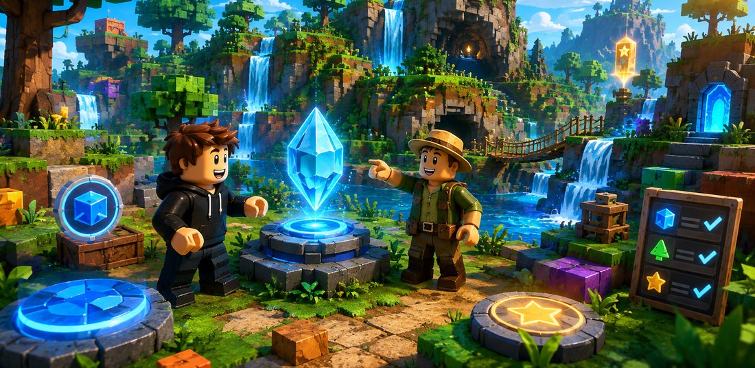 Roblox Studio piedzīvojumu pasaule ar uzdevumiem un sasniegumiem