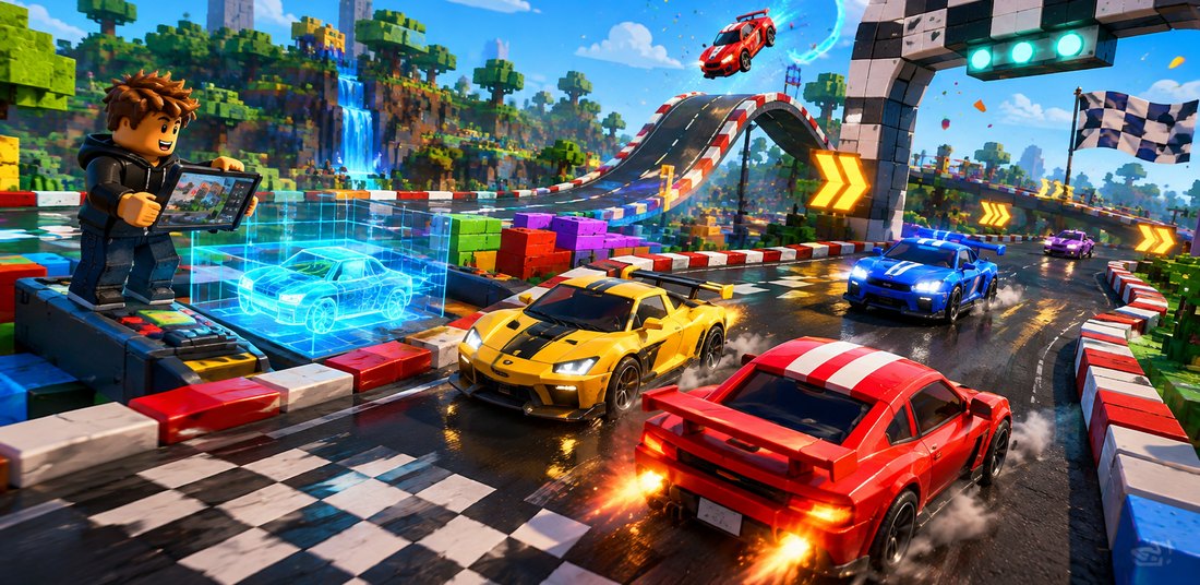 Roblox Studio autosacīkšu spēle ar trasi un dalībnieka veidotu automašīnu
