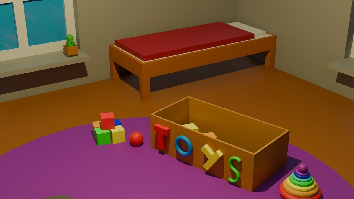A teenager's model of a child's bedroom with a bed and a toy box