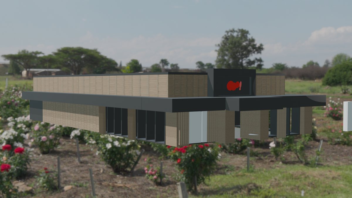 A teenager's 3D visualisation of a modern building in a rose garden