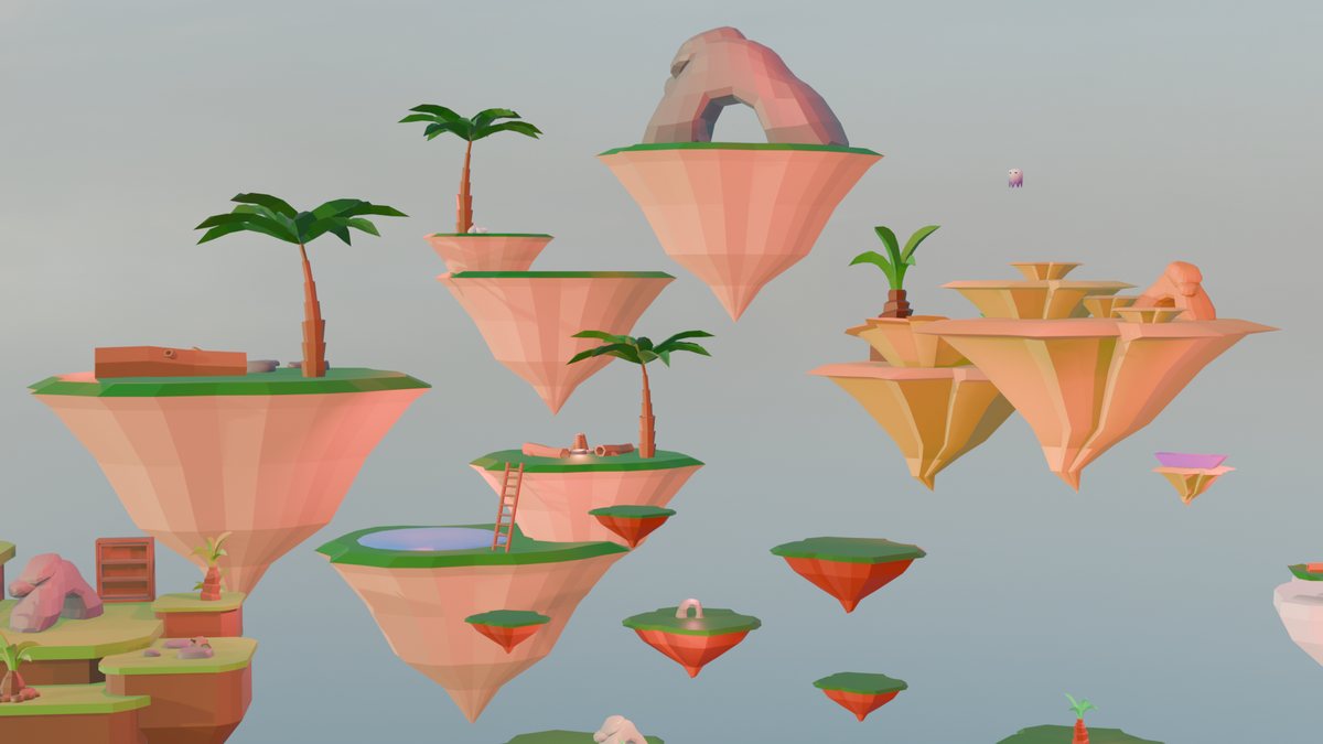 Several floating islands with palm trees and rocks