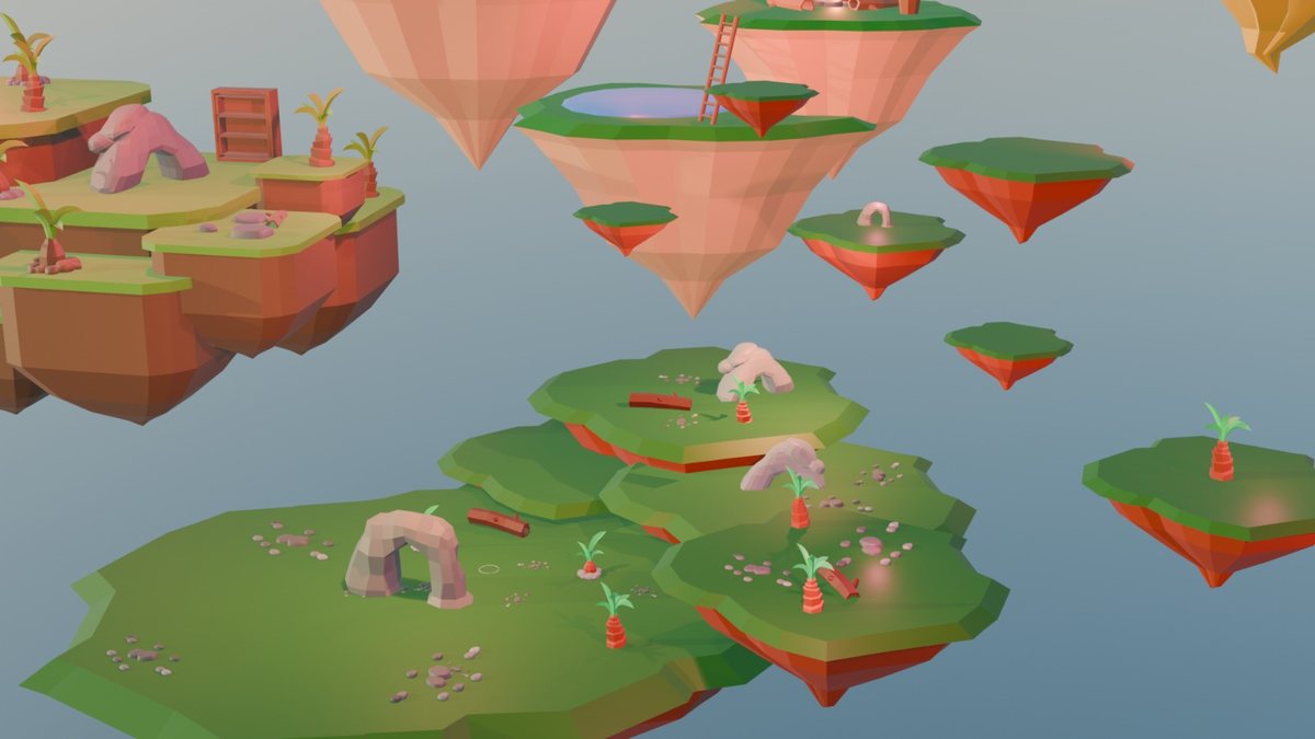 Floating islands landscape seen from above, made in Blender