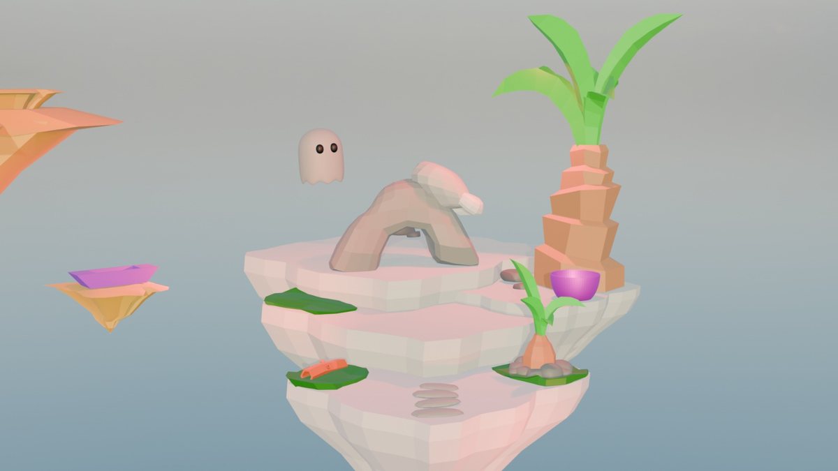 Bright floating island with a palm tree and a small ghost character