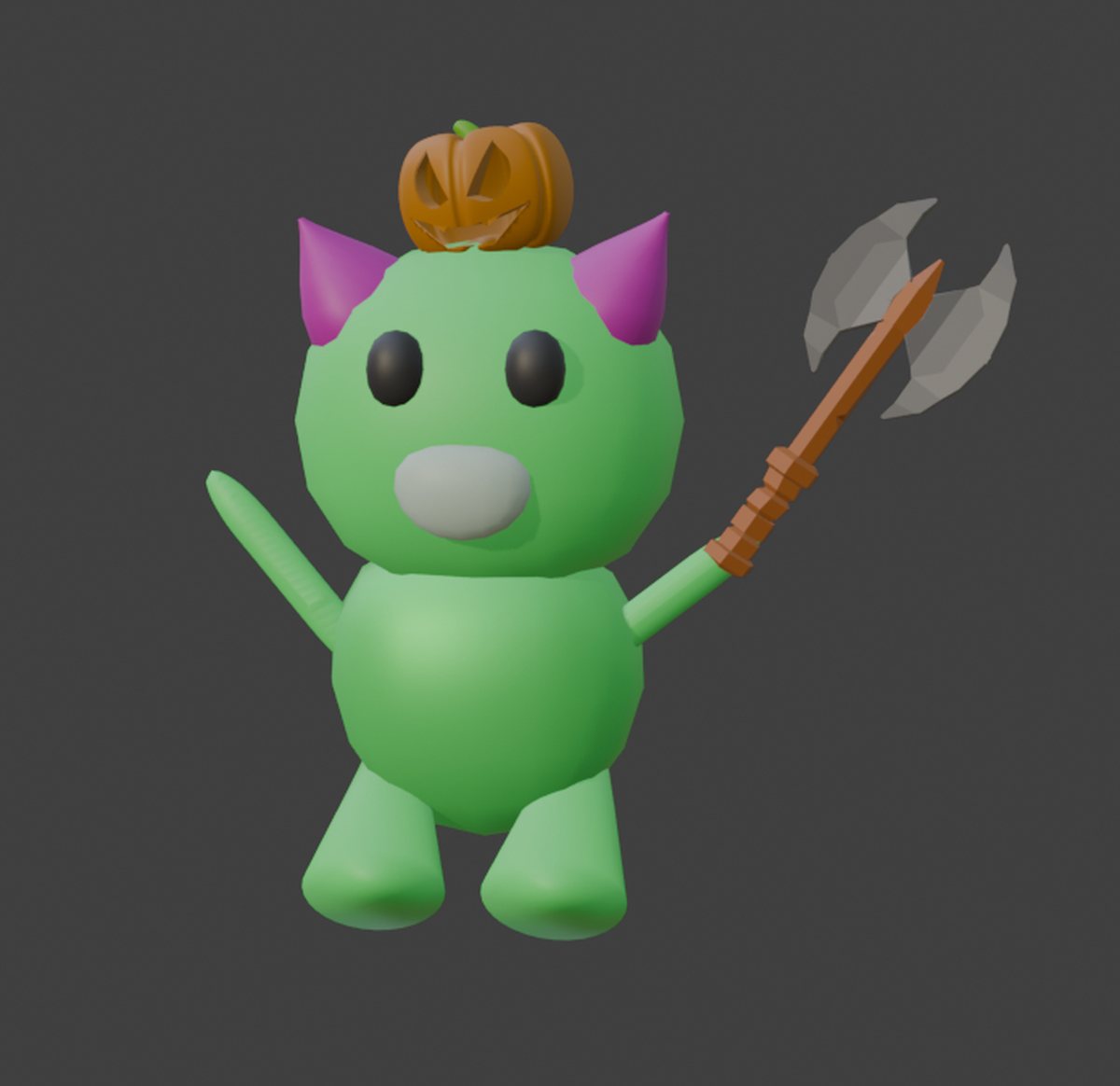 A teenager's modelled and textured 3D character with an axe and a pumpkin