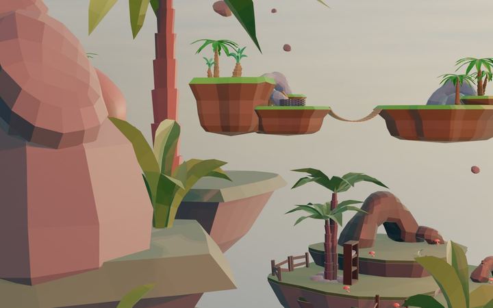 A student's floating island with rocks and palm trees